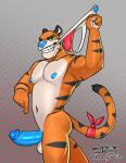  absurd_res anthro balls blue_nipples blue_nose blue_penis clothing erection felid frosted_flakes genitals hi_res humanoid_genitalia humanoid_penis jockstrap kellogg&#039;s male mammal mascot nipples nude orange_body pantherine penis solo statiik_(artist) teeth tiger tony_the_tiger underwear underwear_in_mouth 