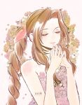  1girl aerith_gainsborough bangs bare_arms braid braided_ponytail brown_hair closed_eyes final_fantasy final_fantasy_vii final_fantasy_vii_remake floral_background floral_dress flower hair_ribbon highres long_hair omochi_daisuki own_hands_together parted_bangs pink_flower pink_ribbon ribbon sidelocks smile solo upper_body wavy_hair 