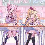  2girls alternate_costume arm_rest bangs beret black_socks blonde_hair blue_hair blush bow bowtie braid braided_bun breasts brown_footwear carrot_print chair chalkboard classroom closed_eyes closed_mouth crossed_legs desk double_bun elbow_rest eraser feet_out_of_frame food_print hair_bun hair_flaps hair_ribbon hand_on_own_cheek hand_on_own_face hand_up hat head_rest highres himehina_channel holding holding_pen indoors knees_together_feet_apart long_hair long_sleeves looking_at_viewer multicolored_hair multiple_girls non-web_source official_art paper pen pencil_case pink_eyes pink_hair red_bow red_headwear red_ribbon ribbon school_desk school_uniform shoes shugao sidelocks sitting smile socks streaked_hair suzuki_hina tanaka_hime two-tone_bowtie two-tone_hair virtual_youtuber white_bow 