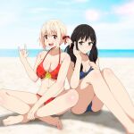  2girls :d alternate_eye_color beach bikini black_hair blonde_hair blue_bikini breasts grey_eyes highres inoue_takina large_breasts lycoris_recoil multiple_girls nishikigi_chisato red_bikini red_eyes sbel02 sitting small_breasts smile swimsuit 