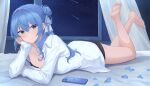  1girl bare_legs barefoot bed_sheet black_panties blue_eyes blue_hair blue_petals blush bra bra_peek cellphone closed_mouth feet feet_up flat_chest hair_bun hair_ribbon highres hololive hoshimachi_suisei legs long_hair long_sleeves lying night night_sky no_pants on_stomach panties phone ribbon shirt shooting_star sidelocks single_hair_bun sky smartphone smile soles solo star_(sky) star_(symbol) star_in_eye starry_sky strap_slip symbol_in_eye terry_(pixiv3274443) the_pose toes unbuttoned unbuttoned_shirt underwear virtual_youtuber white_shirt window 