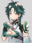  1boy :t arm_tattoo bead_necklace beads black_gloves closed_mouth cocoa_miel cropped_torso facial_mark food food_on_face forehead_mark genshin_impact genshin_impact_sticker_redraw_(meme) gloves green_gloves green_hair grey_background highres holding holding_plate jewelry male_focus meme multicolored_hair necklace plate signature simple_background solo tattoo upper_body xiao_(genshin_impact) yellow_eyes 