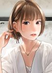  1girl bangs brown_eyes brown_hair collarbone hand_up highres jewelry lips lipstick looking_at_viewer makeup mole mole_under_eye nail_polish necklace original parted_lips saitou_(lynx-shrike) shirt short_hair short_sleeves solo white_shirt 