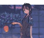  1girl :o alternate_costume bangs blue_hair blush bush commentary evening flower gradient_hair hair_ribbon highres holding holding_lantern japanese_clothes jinbei_(clothes) kantai_collection lantern long_hair looking_at_viewer low_twintails multicolored_hair outdoors parted_lips power_lines ribbon sky solo sugue_tettou suzukaze_(kancolle) twintails twitter_username utility_pole 