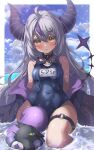  1girl absent absurdres ahoge black_collar black_jacket blue_swimsuit collar crow_(la+_darknesss) demon_horns grey_hair highres hololive horns jacket la+_darknesss long_hair multicolored_hair purple_hair purple_thighhighs school_swimsuit single_horn sitting_on_water solo streaked_hair swimsuit tail tail_raised thigh_strap thighhighs very_long_hair virtual_youtuber yellow_eyes 