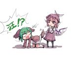  2girls all_fours animal_ears bird_ears bird_wings black_footwear black_thighhighs blush brown_dress brown_headwear closed_mouth dog_ears dog_tail dress frilled_sleeves frills green_hair hair_between_eyes highres juliet_sleeves kasodani_kyouko long_sleeves multiple_girls mystia_lorelei open_mouth pink_dress pink_eyes pink_hair puffy_sleeves shoes short_hair simple_background socks stank tail thighhighs touhou white_background white_footwear white_socks white_wings winged_hat wings 