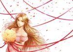 1girl aerith_gainsborough bare_shoulders bouquet breasts brown_hair collarbone confetti detached_sleeves dress final_fantasy final_fantasy_vii flower green_eyes hair_ribbon holding holding_bouquet long_hair looking_at_viewer medium_breasts pink_dress pink_ribbon ponytail puffy_short_sleeves puffy_sleeves red_ribbon ribbon rose short_sleeves smile solo tetra_takamine upper_body wavy_hair white_background yellow_flower yellow_rose 