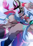  1girl arms_up blue_hair breasts colored_skin fate/grand_order fate_(series) green_nails grey_skin horns huge_breasts ibuki_douji_(fate) ibuki_douji_(swimsuit_berserker)_(fate) one-piece_swimsuit pointy_ears purple_eyes swimsuit to_te_na visor_cap whistle whistle_around_neck wristband 