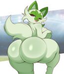  2022 absurd_res anthro anthrofied back_boob big_breasts big_butt breasts butt cute_fangs feet felid feline female fingers fur green_body green_fur green_hair hair hi_res huge_breasts huge_butt looking_at_viewer looking_back mammal nintendo nude open_mouth pink_eyes pink_nose pok&eacute;mon pok&eacute;mon_(species) pok&eacute;morph saltyxodium solo sprigatito thick_thighs tongue video_games 