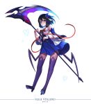  1girl animal bare_shoulders black_hair blue_eyes blue_gemstone blue_hair boots bow brown_pantyhose bug butterfly character_name dpin_(user_adhr8855) eyelashes gem glowing_butterfly hair_ornament high_heel_boots high_heels holding holding_scythe holding_weapon honkai_(series) honkai_impact_3rd long_eyelashes looking_at_viewer low_wings multicolored_hair open_mouth pantyhose purple_footwear red_bow red_gemstone scythe seele_vollerei seele_vollerei_(swallowtail_phantasm) short_hair signature solo thigh_boots two-tone_hair weapon wings 