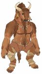  anthro black_nose blue_eyes bodypaint brown_body brown_eyebrows brown_fur chest_tuft clothed clothing eyebrows fur glistening glistening_eyes hi_res horn imperatorcaesar jewelry legwear male mouth_closed necklace shoulder_tuft solo standing tan_horn tooth_necklace topless tribal tuft unsigned 