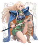  1girl absurdres armor blonde_hair blue_armor blue_cape blue_eyes boots border breastplate brown_footwear cape deedlit elf fingernails gem highres holding holding_sheath holding_sword holding_weapon long_hair looking_at_viewer multicolored_cape multicolored_clothes one_knee orange_cape parted_lips pauldrons pink_lips pointy_ears purple_gemstone record_of_lodoss_war red_gemstone scabbard sheath shiren_(ourboy83) shoulder_armor signature solo sword two-tone_cape unsheathing weapon 