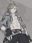  1boy abs belt cloud_strife cowboy_shot final_fantasy final_fantasy_vii fingerless_gloves from_below gloves grey_background greyscale hair_between_eyes hand_on_hip hood hood_down hoodie kiki_lala looking_to_the_side male_focus monochrome muscular navel open_clothes open_hoodie pants pectorals short_hair sleeves_rolled_up solo spiked_hair 