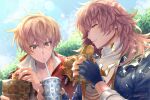  2boys albert_(shingeki_no_bahamut) bangs blonde_hair blue_gloves blue_jacket brown_eyes brown_hair burger cup day disposable_cup drinking_straw eating fingerless_gloves food gloves granblue_fantasy high_collar highres holding holding_cup holding_food jacket long_hair male_focus multiple_boys nuu_(liebe_sk) open_clothes open_jacket outdoors red_eyes shared_food shirt short_hair upper_body white_shirt yurius_(shingeki_no_bahamut) 
