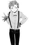  1boy alternate_costume black_pants collared_shirt cowboy_shot gloves greyscale grin hand_on_hip long_sleeves looking_to_the_side male_focus monochrome muiko_i pants robotics;notes shirt short_hair smile solo suspenders suspenders_pull teeth white_background yashio_kaito 