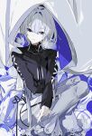  1girl absurdres androgynous black_shirt closed_mouth facing_viewer grey_background grey_hair highres hood long_sleeves looking_to_the_side maimuro original pale_skin pants shirt short_hair sitting solo 