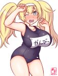  1girl alternate_costume artist_logo black_swimsuit blonde_hair blue_eyes breasts commentary_request contrapposto cowboy_shot dated gambier_bay_(kancolle) hairband kanon_(kurogane_knights) kantai_collection large_breasts long_hair looking_at_viewer one-hour_drawing_challenge one_eye_closed open_mouth simple_background solo swimsuit tears twintails white_background white_hair 