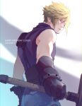  1boy absurdres aqua_eyes armor bare_shoulders belt blonde_hair blue_pants blue_shirt buster_sword character_name cloud_strife cowboy_shot dated demi_co final_fantasy final_fantasy_vii final_fantasy_vii_remake gloves hair_between_eyes happy_birthday highres holding holding_sword holding_weapon looking_to_the_side male_focus multiple_belts muscular muscular_male pants shirt short_hair shoulder_armor sleeveless sleeveless_turtleneck solo spiked_hair suspenders sword turtleneck weapon white_background 