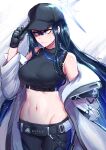  1girl adjusting_clothes adjusting_headwear bare_shoulders baseball_cap belt black_belt black_gloves black_headwear black_pants black_shirt blue_archive blue_eyes blue_hair breasts coat cowboy_shot crop_top gloves groin hand_up hat highres ichigai_(hayawossan) large_breasts long_hair midriff navel off_shoulder open_clothes open_coat pants saori_(blue_archive) shirt sleeveless sleeveless_shirt solo standing stomach very_long_hair white_coat 
