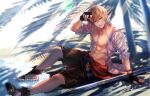  1boy abs albert_(shingeki_no_bahamut) albert_(summer)_(granblue_fantasy) bangs bara bare_pectorals beach black_gloves black_male_swimwear blonde_hair bracelet day fingerless_gloves gloves granblue_fantasy highres jewelry looking_at_viewer male_focus male_swimwear muscular muscular_male navel nipples nuu_(liebe_sk) official_alternate_costume open_clothes open_shirt outdoors pectorals red_eyes sandals solo sword water weapon 