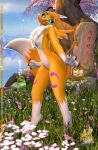  3d_(artwork) anthro bandai_namco black_nose black_sclera blue_eyes breasts claws digimon digimon_(species) digital_media_(artwork) digitigrade dipstick_ears dipstick_tail eyebrows facial_markings female flower head_markings hi_res kespr leg_markings looking_at_viewer markings multicolored_body multicolored_ears neck_tuft nude open_mouth outside plant renamon shoulder_tuft slim small_breasts smile solo standing tail_markings teeth thigh_markings tongue tree tuft two_tone_body under_boob white_body yellow_body 