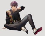  1boy belt black_nails black_pants black_shirt brown_eyes floral_print full_body hair_between_eyes hand_up jacket jewelry looking_at_viewer male_focus messy_hair mole mole_under_eye necklace nozaki_tsubata official_art oxygen_(song) pants ring shirt shoes simple_background solo 