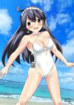  1girl ahoge beach black_hair blue_sky breasts casual_one-piece_swimsuit cleavage cloud commentary_request cosplay day embarrassed feet_out_of_frame flower frilled_swimsuit frills hair_flower hair_ornament hairband highleg highleg_swimsuit highres kantai_collection large_breasts long_hair looking_at_viewer ocean one-piece_swimsuit open_mouth outdoors sagiri_(kancolle) sagiri_(kancolle)_(cosplay) senon side-tie_swimsuit sky solo standing swimsuit ushio_(kancolle) white_hairband white_swimsuit 
