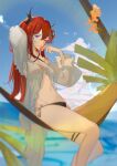 absurdres arknights arm_up armpits bare_shoulders bikini black_bikini blue_eyes breasts cleavage criss-cross_halter feet_out_of_frame flower halterneck hammock highres holding holding_flower horns long_hair long_sleeves looking_at_viewer medium_breasts naoel_(naoel_art) navel official_alternate_costume puffy_long_sleeves puffy_sleeves red_hair side-tie_bikini sitting skindentation stomach surtr_(arknights) surtr_(colorful_wonderland)_(arknights) swimsuit swimsuit_cover-up thigh_strap tree 
