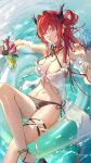  1girl anklet arknights bangs bare_shoulders bikini breasts cleavage detached_sleeves food hair_between_eyes highres horns jewelry large_breasts long_hair long_sleeves looking_at_viewer navel ocean official_alternate_costume oz-xy purple_eyes red_hair red_nails solo star_(symbol) stomach surtr_(arknights) surtr_(colorful_wonderland)_(arknights) swimsuit thigh_strap thighs very_long_hair wet 