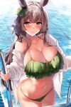  1girl animal_ears bangs bare_shoulders bikini blush breasts brown_eyes brown_hair cleavage collarbone ear_ornament ear_ribbon green_bikini highres horse_ears horse_girl kawai_(purplrpouni) large_breasts long_hair long_sleeves looking_at_viewer navel off_shoulder open_clothes open_shirt pool pool_ladder poolside satono_diamond_(umamusume) shirt solo swimsuit umamusume water wet white_shirt 