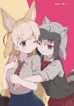  2girls ;d alternate_costume animal_ear_fluff animal_ears bangs black_eyes black_hair black_vest blonde_hair blue_sky bow bowtie cheek-to-cheek commentary common_raccoon_(kemono_friends) contemporary diagonal-striped_necktie extra_ears fennec_(kemono_friends) fox_ears fox_girl fox_tail grey_hair heads_together highres hug hug_from_behind kemono_friends medium_hair multicolored_hair multiple_girls nanana_(nanana_iz) necktie one_eye_closed open_mouth pleated_skirt raccoon_ears raccoon_girl raccoon_tail red_bow red_bowtie red_skirt shirt simple_background skirt sky sleeves_rolled_up smile tail vest white_shirt 