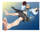  1boy bangs bare_legs barefoot bike_shorts black_gloves blonde_hair blue_eyes blush border bridget_(guilty_gear) cross crossdressing cuffs eiji_(eiji) feet fingerless_gloves foot_focus foreshortening gloves guilty_gear guilty_gear_strive habit hair_between_eyes handcuffs highres hood long_sleeves looking_at_viewer male_focus open_mouth otoko_no_ko pleated_skirt sidelocks skirt soles solo toes white_border yo-yo 