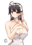  1girl ahoge artist_name black_hair breasts brown_eyes casual_one-piece_swimsuit cleavage commentary_request cosplay dated flower frilled_swimsuit frills hair_flower hair_ornament hairband head_wreath highres kantai_collection large_breasts long_hair looking_at_viewer one-hour_drawing_challenge one-piece_swimsuit owa_(ishtail) sagiri_(kancolle) sagiri_(kancolle)_(cosplay) side-tie_swimsuit solo swimsuit upper_body ushio_(kancolle) white_swimsuit 