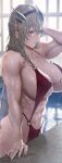  1girl abs bangs bare_shoulders biceps blonde_hair breasts cleavage collarbone fairy_knight_gawain_(fate) fate/grand_order fate_(series) green_eyes highleg highleg_swimsuit highres horns large_breasts long_hair mugetsu2501 muscular muscular_female navel one-piece_swimsuit pool poolside red_swimsuit solo swimsuit wet 