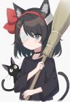  1girl animal animal_ear_fluff animal_ears bandage_over_one_eye black_hair black_robe blue_eyes bow bow_hairband broom cat cat_ears cat_girl cat_tail cosplay expressionless hair_bow hairband highres holding holding_broom jiji_(majo_no_takkyuubin) kiki_(majo_no_takkyuubin) kiki_(majo_no_takkyuubin)_(cosplay) majo_no_takkyuubin original robe satou_(3366_s) short_hair tail 