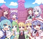  6+girls absurdres aqua_vest ascot black_vest blonde_hair blue_bow blue_dress blue_eyes blue_hair blue_vest blush_stickers bow cirno closed_mouth collared_shirt daiyousei dress embodiment_of_scarlet_devil fangs flandre_scarlet green_dress green_eyes green_hair green_headwear hair_bow hair_ribbon hat hat_ornament head_wings highres hong_meiling izayoi_sakuya kame_(kamepan44231) koakuma long_hair mob_cap multiple_girls necktie open_mouth patchouli_knowledge pinafore_dress pink_dress pink_headwear pointy_ears purple_dress purple_eyes purple_hair purple_headwear red_ascot red_eyes red_hair red_necktie red_ribbon red_vest remilia_scarlet ribbon rumia scarlet_devil_mansion sharp_teeth shirt short_hair short_sleeves siblings side_ponytail sisters skin_fangs smile star_(symbol) star_hat_ornament striped striped_dress teeth touhou vertical-striped_dress vertical_stripes vest white_hair white_headwear white_shirt yellow_ascot 