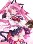  1girl :d animal_ear_fluff animal_ears argyle argyle_legwear bangs bare_shoulders beatmania beatmania_iidx belt belt_buckle black_skirt bra breasts buckle cat_ears cat_girl cat_tail cleavage collared_shirt commentary_request dress_shirt hair_between_eyes hand_up headphones highres hinata_momo holding honeycomb_(pattern) honeycomb_background long_hair looking_at_viewer medium_breasts mizushiro_celica open_clothes open_shirt pink_belt pink_hair purple_eyes record red_bra shirt skindentation skirt sleeveless sleeveless_shirt smile solo tail thigh_strap thighhighs twintails underwear very_long_hair white_background white_shirt 