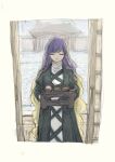  absurdres brown_hair closed_eyes closed_mouth cross-laced_clothes dishes dress food gradient_hair highres hijiri_byakuren holding holding_tray layered_dress long_hair multicolored_hair puffy_sleeves purple_hair sketch suintuo5g touhou tray two-tone_hair wavy_hair white_dress 