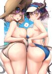  2girls 360_(taiyo360) :/ :d absurdres animal_ears arknights ass bikini blue_bikini blush border breast_press breasts brown_bikini chimera closed_mouth cow_ears cow_horns cow_tail cowboy_shot eyewear_on_head fang hat heart highres horns large_breasts light_brown_hair looking_at_viewer looking_back multiple_girls official_alternate_costume open_mouth orange_eyes purple_eyes purple_hair round_eyewear short_braid short_hair short_ponytail sideboob sideroca_(arknights) sideroca_(light_breeze)_(arknights) smile speech_bubble spoken_heart strap_gap straw_hat striped striped_bikini sun_hat sunglasses swimsuit symmetrical_docking tail thighs utage_(arknights) utage_(summer_flowers)_(arknights) visor_cap wet white_border 