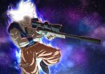  absurdres ai_arctic_warfare aiming blue_shirt bolt_action dougi dragon_ball dragon_ball_super flying fortnite gun highres holding holding_gun holding_weapon pea-bean rifle shirt sleeveless sleeveless_shirt sniper_rifle son_goku space super_saiyan suppressor torn_clothes ultra_instinct weapon white_hair wristband 