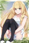  1girl alternate_costume bangs black_thighhighs blonde_hair blunt_bangs blush braid closed_mouth commentary_request dress eyelashes frills grass green_eyes highres lillie_(pokemon) long_hair looking_at_viewer mocacoffee_1001 pokemon pokemon_(game) pokemon_sm shoes sitting smile solo thighhighs white_dress white_footwear 