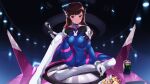  1girl armor blue_bodysuit bodysuit breasts brown_eyes brown_hair bunny_symbol cait_aron can ceiling_light closed_mouth d.va_(overwatch) drink facial_mark gloves headset highres holding knee_up long_hair looking_at_viewer medium_breasts meka_(overwatch) overwatch sitting snack solo tight white_gloves 