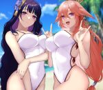  2girls alternate_costume animal_ears bangs bare_arms blue_sky blurry blurry_background braid braided_ponytail breasts closed_mouth covered_navel cowboy_shot day earrings floppy_ears flower fox_shadow_puppet genshin_impact hair_between_eyes hair_flower hair_ornament hands_up highleg highleg_swimsuit highres holding_own_arm jewelry large_breasts long_hair looking_at_viewer low_ponytail mole mole_under_eye multiple_girls nail_polish one-piece_swimsuit open_mouth outdoors palm_tree pink_hair purple_eyes purple_flower purple_hair purple_nails raiden_shogun sima023 single_thighhigh sky smile swimsuit thighhighs tree white_swimsuit yae_miko 