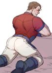  1boy asd4486 ass back bara belt blush boots dc_comics highres kneeling male_focus muscular muscular_male pants peacemaker_(dc) red_shirt shirt short_hair simple_background solo suicide_squad white_background white_pants 
