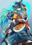  1girl akuru_(akr369akr) alternate_costume arm_warmers commission detached_sleeves fire_emblem fire_emblem:_path_of_radiance fire_emblem_fates green_eyes green_hair half_mask holding holding_polearm holding_weapon leg_up looking_at_viewer mask naginata nephenee_(fire_emblem) oni_mask polearm short_sleeves simple_background skeb_commission solo weapon 