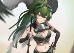 1girl arknights bangs beruko14 blurry blurry_background blush elbow_gloves fingerless_gloves gavial_(arknights) gloves goggles goggles_on_head green_gloves green_hair hand_on_hip highres long_hair looking_at_viewer navel parted_lips pointy_ears ponytail smile solo weapon yellow_eyes 