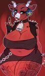  absurd_res anthro big_breasts black_clothing bovid bovine breasts cattle chain cheese choker_bell chubby_female clothing crism200_(artist) dairy_products ear_piercing ear_ring female food gesture goth hi_res horn makeup mammal middle_finger piercing ring_piercing solo spikes tattoo the_laughing_cow wide_hips 