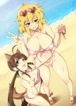  animal_humanoid beach big_breasts blonde_hair breast_size_difference breasts canid canid_humanoid canine canine_humanoid duo eyewear eyewear_on_head female female/female gesture hair hi_res human humanoid leash lindaroze_(artist) mammal mammal_humanoid petplay roleplay seaside sunglasses sunglasses_on_head v_sign 