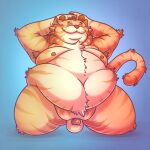  2022 anthro balls belly big_belly blue_background domestic_cat eyes_closed felid feline felis genitals hi_res humanoid_genitalia humanoid_hands humanoid_penis korndoggychub male mammal moobs navel nipples obese obese_male overweight overweight_male penis simple_background solo 