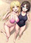  2girls :d arm_around_waist bang_dream! bangs bare_arms bare_legs bare_shoulders barefoot beach bikini black_hair black_swimsuit blonde_hair blue_eyes blunt_bangs blunt_ends breasts cameltoe cleavage collarbone commentary_request covered_navel covered_nipples day fingernails floating_hair from_above front-tie_bikini front-tie_top full_body groin hair_between_eyes hair_ornament hairclip hand_on_another&#039;s_hip hand_up lambda_(kusowarota) large_breasts leg_up light_blush long_hair looking_at_viewer looking_up medium_hair multiple_girls navel okusawa_misaki one-piece_swimsuit open_mouth outdoors parted_lips pink_bikini raised_eyebrows side-by-side side-tie_bikini smile standing standing_on_one_leg stomach swimsuit toenails tsurumaki_kokoro v very_long_hair water yellow_eyes 